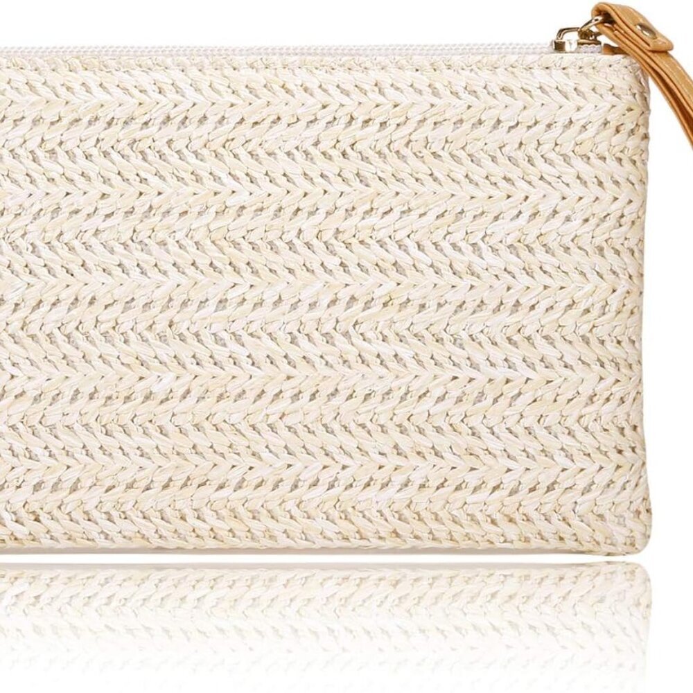 Womens Straw Clutch Bag Bohemian Summer Beach Straw Purse Zipper Wristlet Wallet